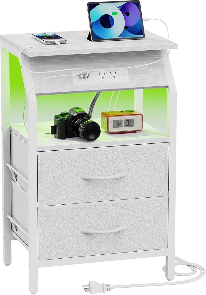 LED End Table, Nightstand with 2 Drawers and Charging Station Type C Port, Storage Fabric Dresser for Bedside, Small Side Table for Living Room Dorm, White