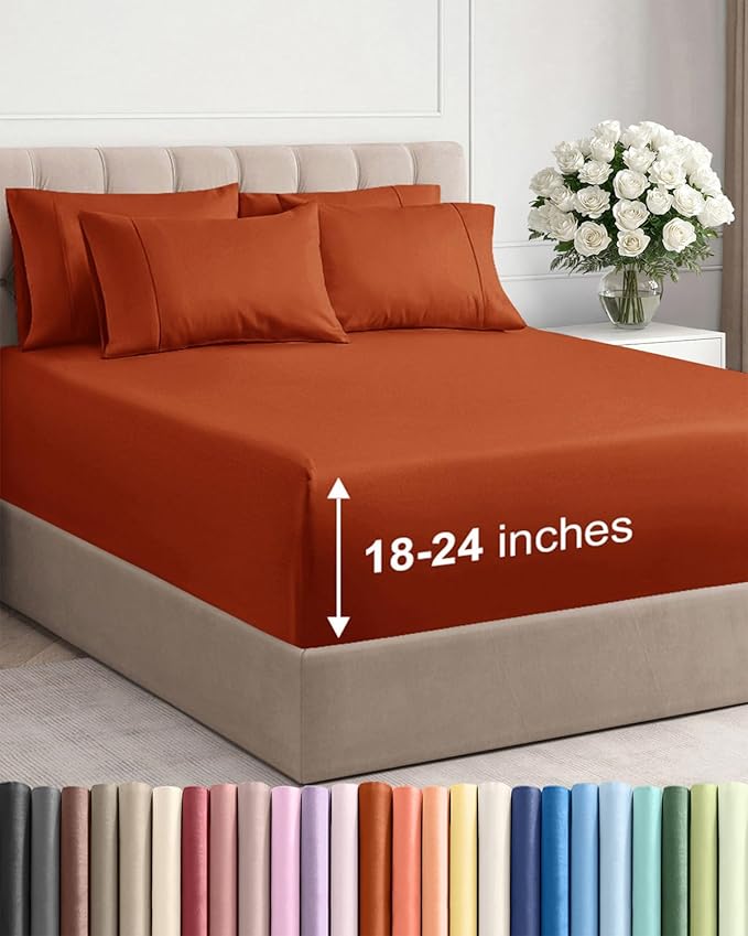 Extra Deep Full Sheet Set - 6 Piece Breathable & Cooling Sheets - Hotel Luxury Bed Sheets Set - Easy & Secure Fit - Soft, Wrinkle Free & Comfy Sheets Set - Terracotta Sheet Set with Extra Deep Pockets