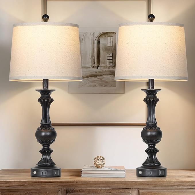 28" Black Farmhouse Table Lamps Set of 2, Rustic Lamps for Living Room with USB C+A Ports & AC Outlet, 3 Way Touch Control Bedroom Lamp, Retro Tall Bedside Lamp for Nightstand Side Table