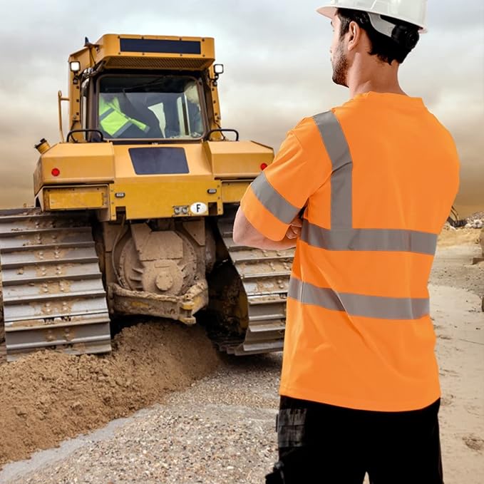 High Visibility Class 3 T Shirts，Hi Vis Safety Shirts with Reflective Strips and Pocket, Short Sleeve Quick Dry Mesh Construction Work Shirt for Men/Women Orange,2XL