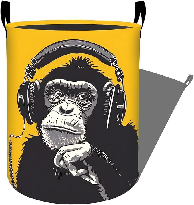 Funky Monkey with Headphones Laundry Basket, Dorm Nursery Foldable Laundry Hamper Organizer for Bathroom Decor, Toy Clothes Storage Box for Bedroom 19.7x15.7 Inch