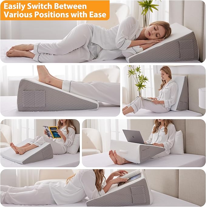 Wedge Pillow for Sleeping, 12" Bed Wedge Pillow for Headboard, Triangle Incline Wedges for Acid Reflux, Pillows Wedge for Back Pain Relief, Elevated Leg Pillows After Surgery, Snoring, White