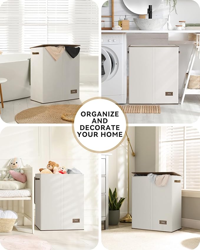 SOLEDI Luxury Double Laundry Hamper with Lid and Removable Bags, Large Hamper for Laundry, Laundry Basket 2 Sections, Collapsible Ditry Clothes Hamper for Bedroom, Laundry Room, Bathroom, Off-white