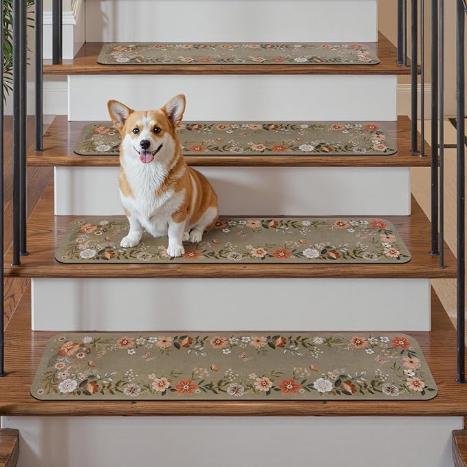 OJIA Floral Stair Treads Non-Slip Stair Runners for Wooden Steps Indoor 15PCS 30"x8" Carpet Stair Treads Mats Staircase Step Treads for Kids, Elders and Dogs, Stair Covers, Brown