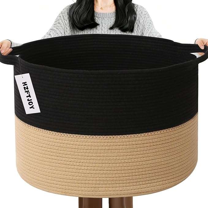 Large Storage Basket with Handle,23.6" x 23.6" x 15.7" Blanket Basket Storage Bins for Organizing,65L Cotton Rope Woven Baskets for Living Room, Nursery ,Bedroom,Black&Camel