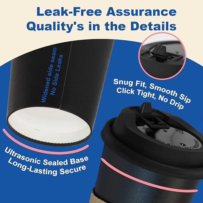 16 oz Coffee Cups + 16 Extra Cups Bulk Disposable To-Go Paper Cups with Lids and Sleeves for Hot Beverage, Chocolate, Cocoa, Office Supplies, Coffee Bar Accessories (100 Pack + 16 Extra Cups, Black)