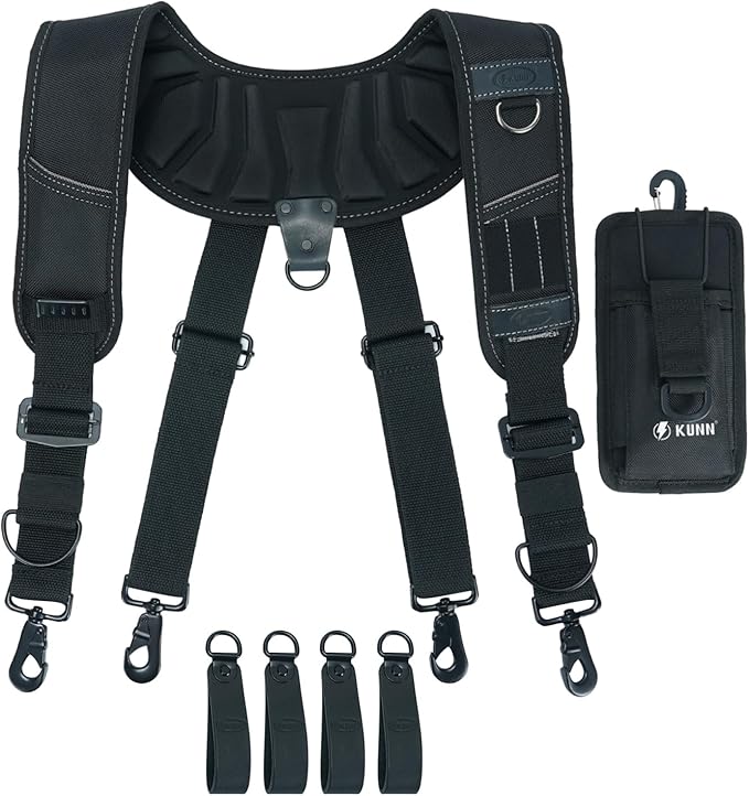 KUNN Leather Tool Belt Suspenders Construction Bag Suspenders Molded Air Channel Work Belt Suspender for Carpenter Electrician,Black