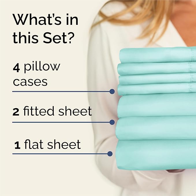 Split King 7 Piece Sheet Set - Cooling and Breathable Bed Sheets - Hotel Luxury Bed Sheets for Women, Men, Kids & Teens - Deep Pockets - Easy Fit - Soft and Wrinkle Free - Split King Spa Blue Sheets
