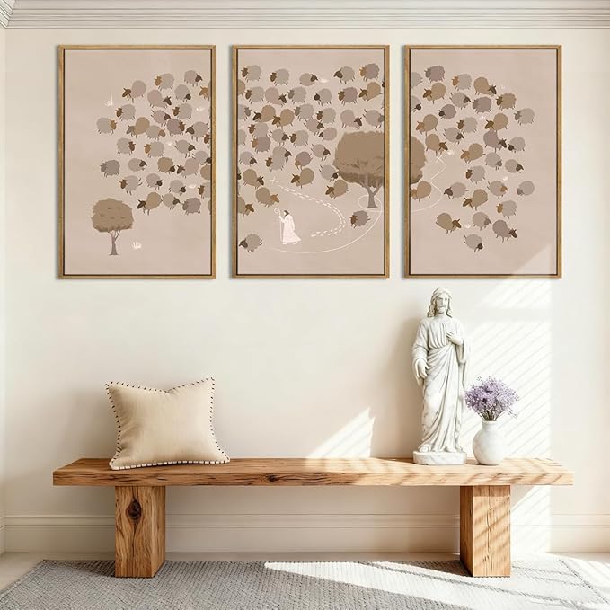 IARTTOP Large Jesus Christian Framed Wall Art 16x24 Inch Beige God Bible Religious Canvas Wall Decor Set of 3 Modern Abstract Jesus Leaves the 99 Sheep Prints for Living Room Dining room