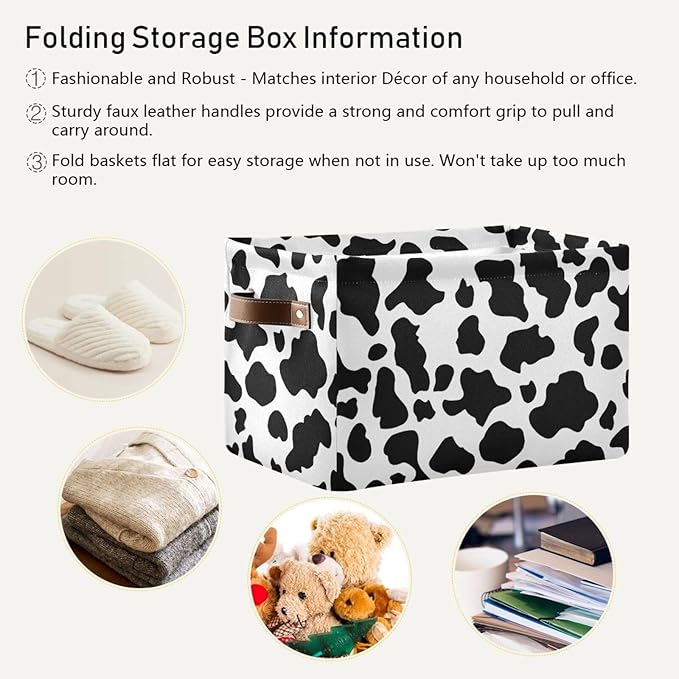 Black White Cow Skin Print Storage Basket Cube Storage Bins Organizer Bag Collapsible Closet Shelf Baskets with handle for Cloth Book 14.2×10.2×8.3 IN