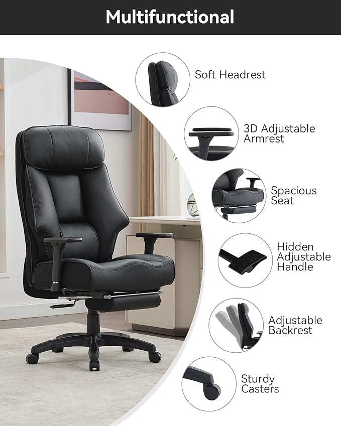 DJ·Wang Big and Tall Office Chair 400lbs with Foot Rest, High Back Executive Office Chair with Extra-Thick Spring Cushion, Ergonomic Leather Chairs Black