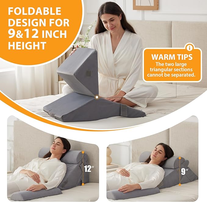 3PCS Wedge Pillow Set for After Surgery, Adjustable 9&12 Inch Bed Wedge Pillow for Sleeping, Incline Pillow Wedge for Headboard, Post Surgery, Acid Reflux, Neck&Back Support, Velvet