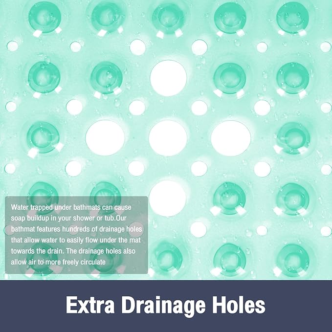 Square Shower Bathtub Mat Non Slip for Inside Shower Clear Green 21x21 Inch, Shower Stall Mats for Bathroom Floor, Soft Bath Mat for Tub with Big Suction Cups Drain Holes, Easy Washable Dry