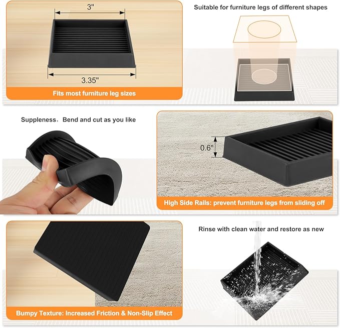 xxxHOLIC Non Slip Furniture Pads, 3” x 3” Black Square Rubber Grippers for Hardwood Floors, Anti Skid Furniture Feet Coasters, Bed Couch Stoppers to Prevent Sliding and Scratches, Set of 4