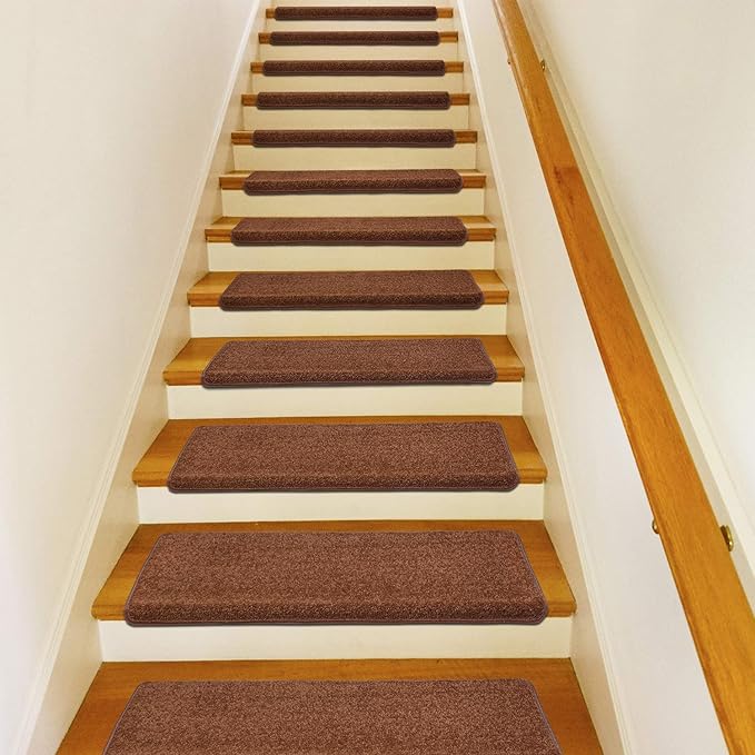 PURE ERA Bullnose Carpet Stair Treads Set Tape Free Non-Slip Indoor Stair Protectors Pet Friendly Rugs Covers Soft Skid Resistant Washable Reusable 9.5" x 30"(14 Pieces,Brown)