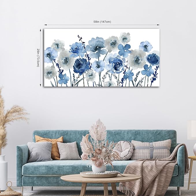 VEAEE Flowers Canvas Wall Art - Indigo Floral Canvas Pictures Living Room Wall Decor Botanical Canvas Prints Painting Abstract Artwork Bedroom Office Home Decor 29"x 58"