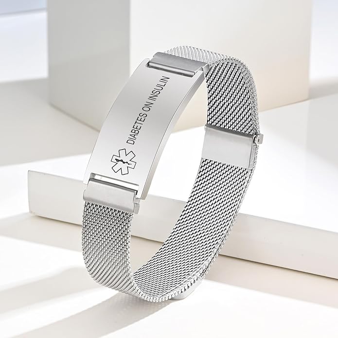 VNOX Medical Alert Id Bracelet for Men Women, Custom Engraving Adjustable Stainless Steel Customizable Mesh Emergency Survival Medic Bracelets Wristband Loop Band with Replacement Tag