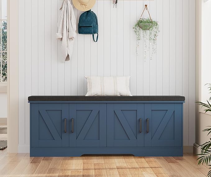 2-Tier Storage Bench, 47.2" Wide Shoe Bench with Padded Seat Cushion, Entryway Bench with 4 Barn Doors and Adjustable Shelf, Blue
