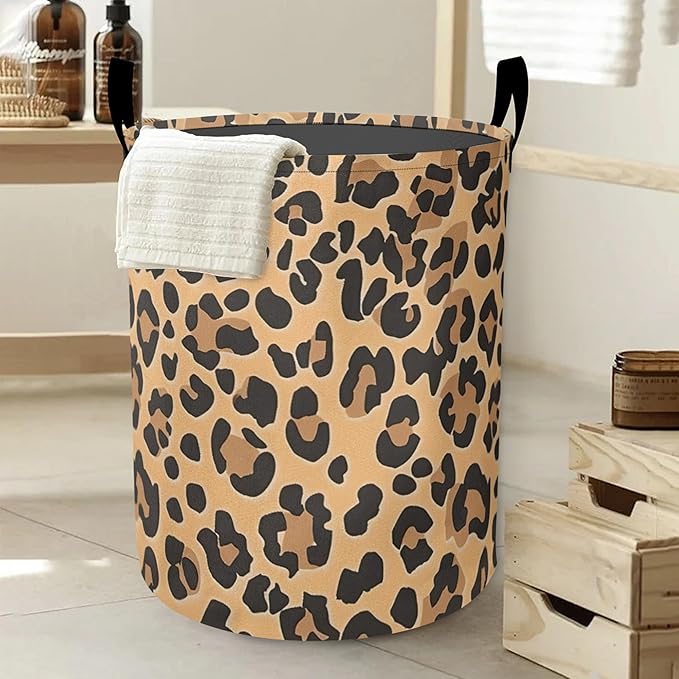 Retro Leopard Print Laundry Hamper Large Canvas Fabric Lightweight Storage Basket/Dirty Clothes Collapsible Waterproof for College Dorms, Boys and Girls Bedroom,Bathroom
