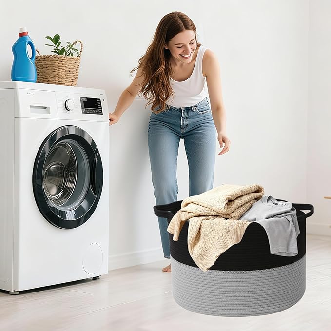Large Storage Basket with Handle,19.7"x 19.7"x 13" Blanket Basket Storage Bins for Organizing,65L Cotton Rope Woven Baskets for Living Room, Nursery ,Bedroom,Black&Light Grey