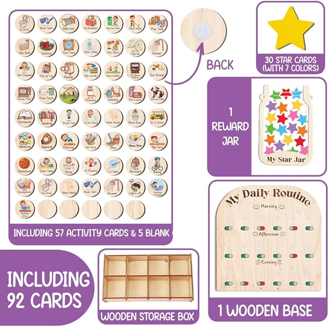 Wooden Daily Routine Chart with 30 Tokens Reward Jar, Toddler Reward System, Morning Bedtime Routine Chart, Toddler Charts for Behavior and Routines, Wooden Chore Chart for Kids