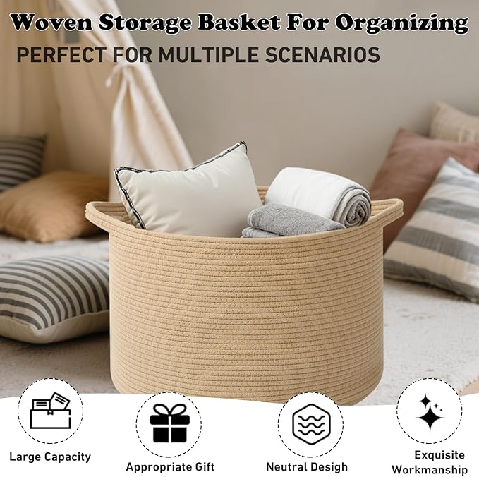 Large Storage Basket with Handle,19.7" L x 19.7" W x 13" H Blanket Basket Storage Bins for Organizing,65L Cotton Rope Woven Baskets for Living Room, Nursery ,Bedroom,Camel