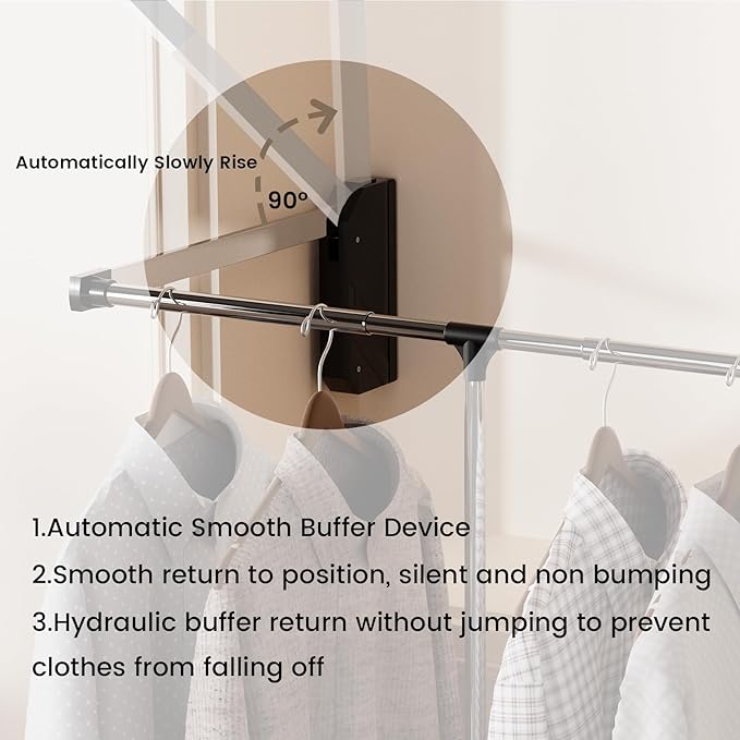 Pull Down Closet Rod 33-47 Inches Adjustable - Stainless Steel Soft-Close Wardrobe Lift Rail with Two-Way Buffering, Space-Saving Back Mount Closet Organizer