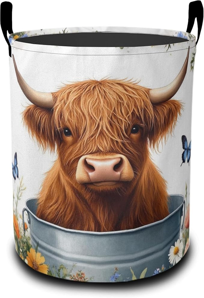 Cute Highland Cattle Laundry Basket, Butterfly Oxford Cloth Laundry Hamper With Handle Foldable Portable Clothes Storage Basket Storage Bag For Laundry Room/Bathroom/Bedroom/Dormitories