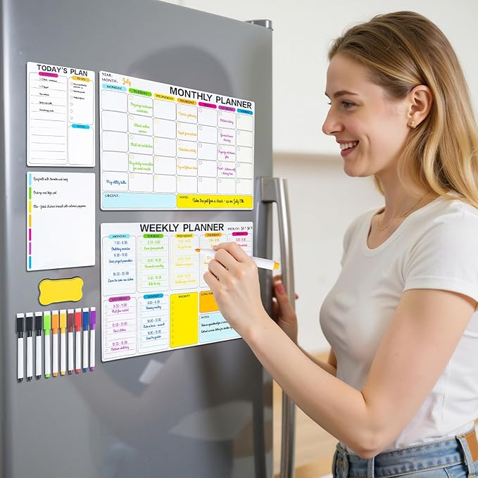 M&G Magnetic Dry Erase Calendar Set for Fridge, 4 Pack Planning Whiteboard with 10 Markers and Eraser, Monthly & Weekly & Daily Chore Chart for Refrigerator Wall Door