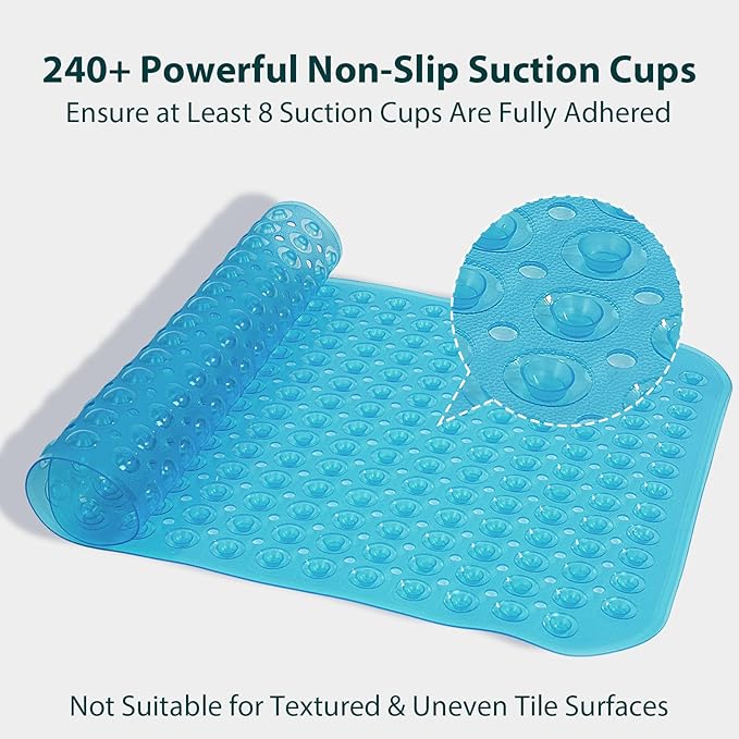 Large Shower Mat 21.5x33.5 Inch Clear Blue, Soft Non Slip Shower Mats for Inside Shower with Big Suction Cups Drain Holes, Extra Large Bath Bathtub Mat Floor Stall Mats, BPA-Free, Easy Clean