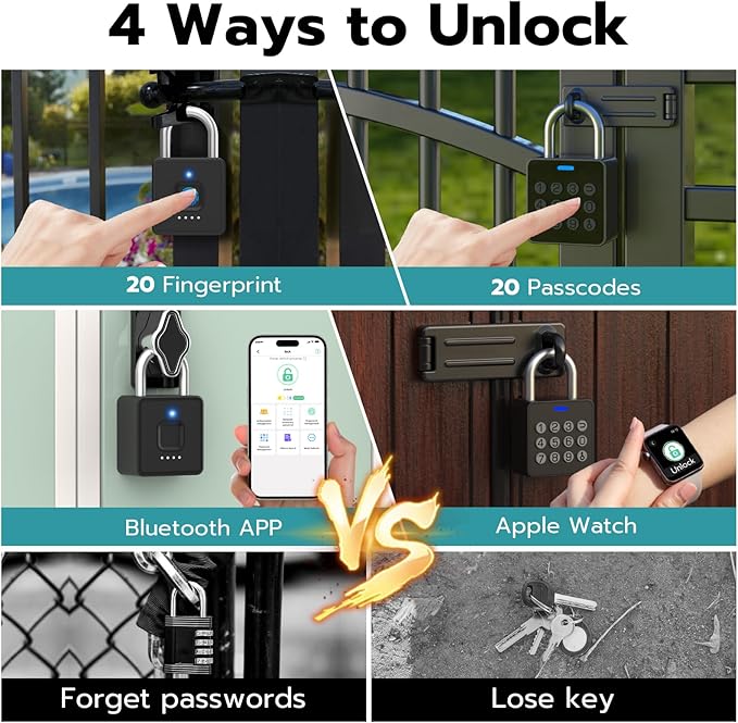 Smart Lock Combination Padlock, Fingerprint Gate Lock with Codepad, Biometric Keyless Combo Lock with Bluetooth APP, Waterproof for Storage Unit Outdoor Fence Gate Shed Gym Locker