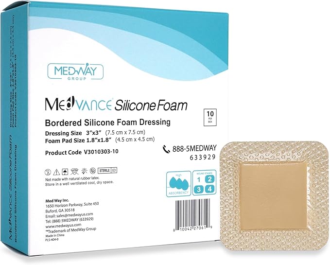 MedVance Bordered Adhesive Silicone Foam Dressing Pack of 10 - Waterproof Silicone Pad - Easy Apply & Remove Sterile Bandages - Wound Care & Dressings for Burns & More (3"x3" Bandage, 1.8"x1.8" Pad)