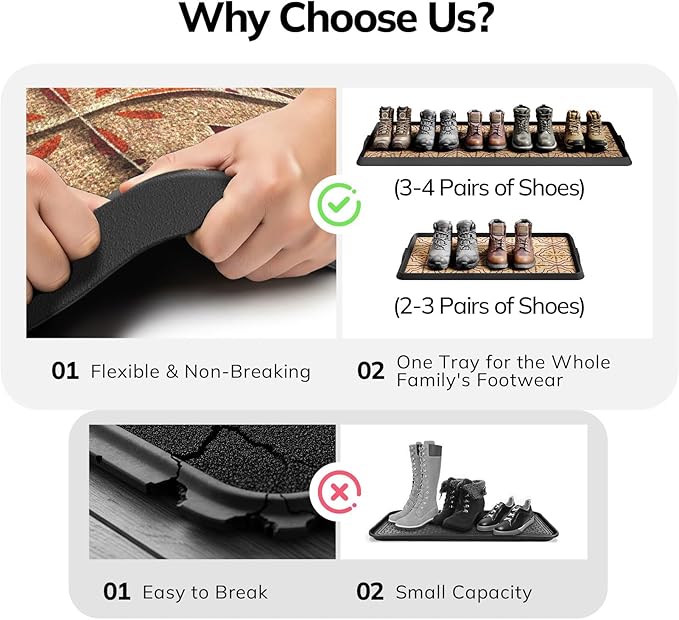 Mibao Boot-Tray Heavy Duty Rubber Shoe Mat with Lip Waterproof Shoe Tray for Entryway Indoor Outdoor Multi Use, Non-Slip Shoe Cleaning Shoe Storage with Artistic Prints, 16" x 47.5", Brown