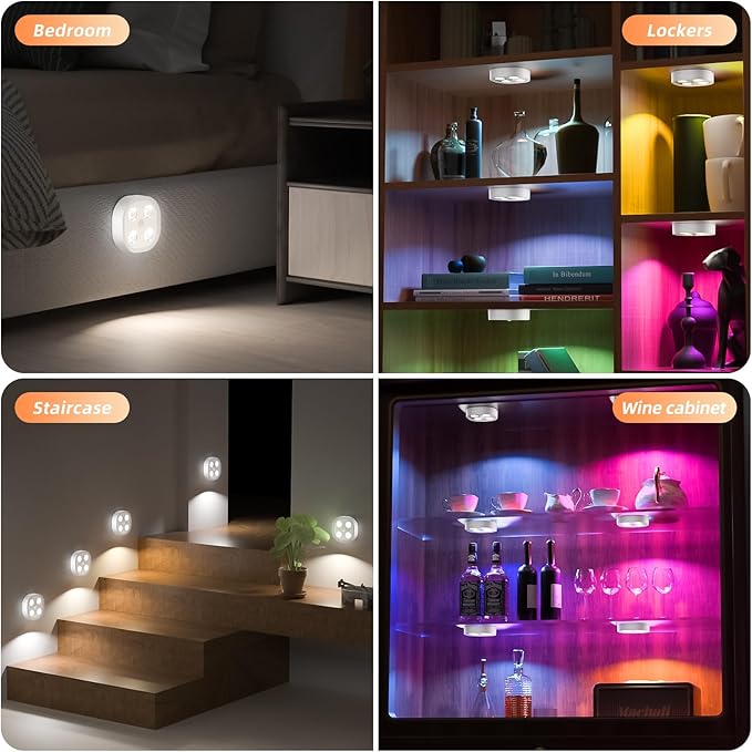 6PCS Motion Sensor Step Light, Wireless Rechargeable Puck Lights with Remote, Under Cabinet Lights with 3 Colors&RGB, Magnet Stick on Light for Closet, Hallway, Stairway, Bathroom, Bedroom, Kitchen