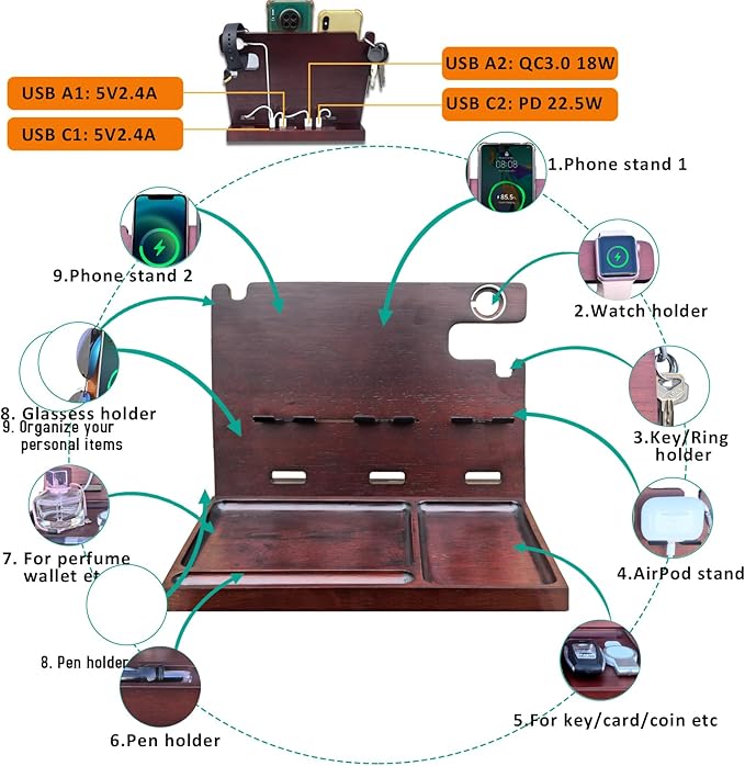 USB Charging Station for Multiple Devices Wood Phone Docking Station with QC3.0 & PD 22.5W Type c Charger Fast Charging for iPhone Samsung Google Andriod Smart Watch Earbuds Gifts for Men