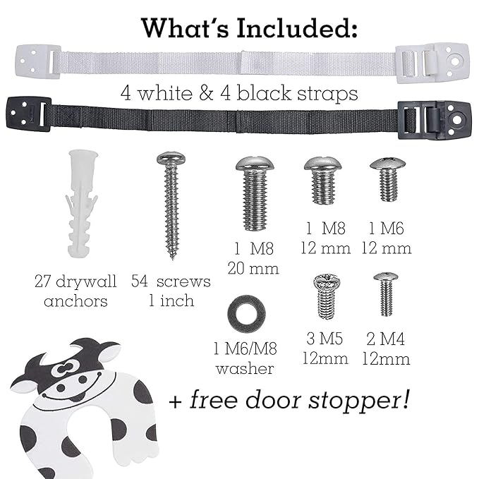 Bebe Earth - Furniture and TV Anti-Tip Straps (8-Pack) for Baby Proofing and Child Protection - Adjustable Wall Anchor Safety Kit - Secure Cabinets and Bookshelf from Falling (White/Black)