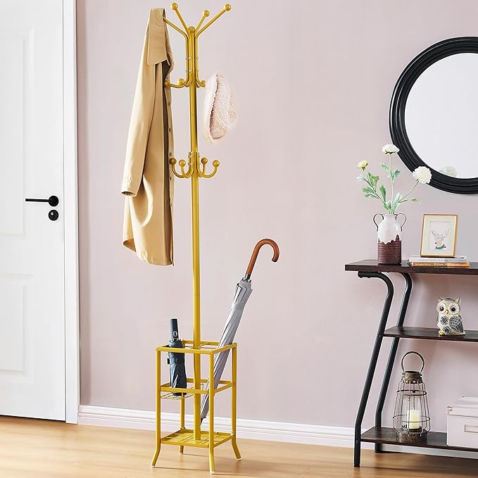 FAVOOSTY Coat Rack Freestanding,Coat Rack Stand with Umbrella Holder,Metal Coat Tree with 12 Hooks,Tree Clothes Hat for Entryway, Hallway, Bedroom, Living Room & Office -Glod