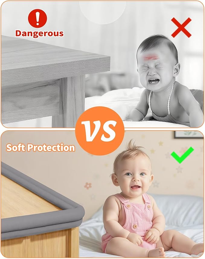 Edge Protector for Baby Proofing, 6.6FT 0.67’’Th L-Shape Air Buffering Soft NBR Rubber Foam Furniture Edge Bumper Guards with 6 Corners, Pre-Taped, Thick Table Bumper Guard for Babies (Grey)