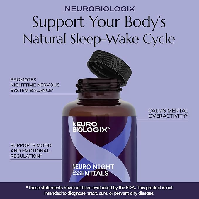 Neurobiologix Neuro Night Essentials, Calming Nighttime Formula with GABA L-Theanine Valerian Root & Magnesium, Supports Relaxation Emotional Balance & Wind-Down Routine, 60 Vegetarian Capsules