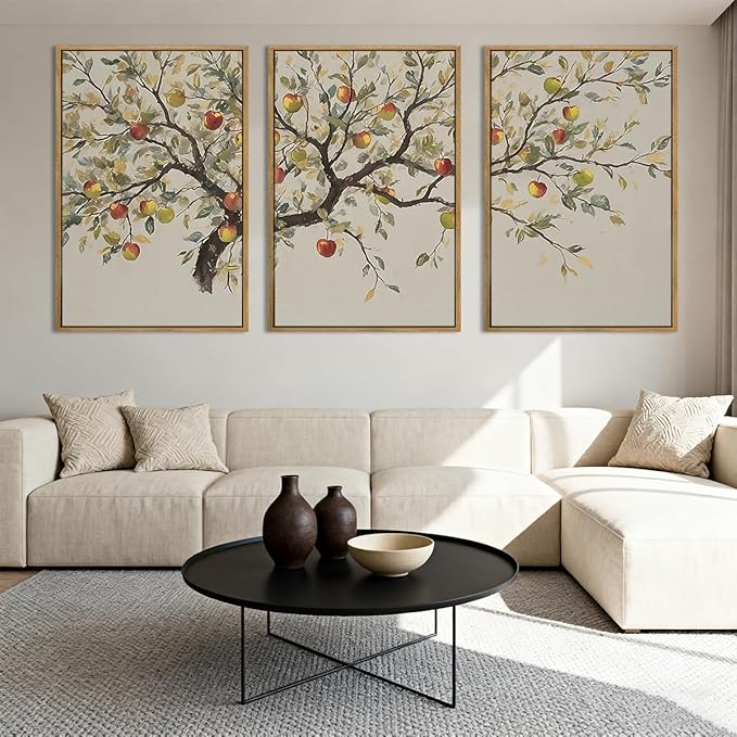 IAPTTOP Large Neutral Botanical Wall Art 16x24 Inch Beige Fall Wood Tree Canvas Wall Decor Rustic Farmhouse Leaves Wall Painting Art Print for Kitchen Living Room Set of 3