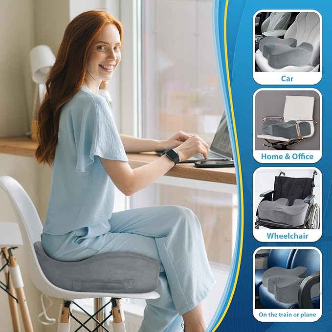 BlissTrends Seat Cushion,Thick Memory Foam Cushions for Office Chair, Car Seat, Airplane, Relieving Pressure Tailbone Sciatica Back Pain for Office Workers, Car Drivers 4.7in Thick LightGrey
