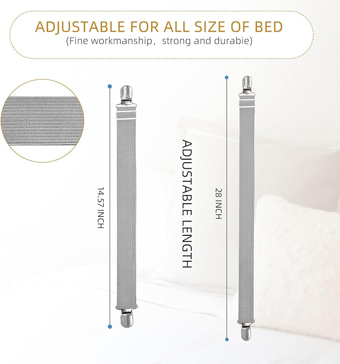 8Pcs Adjustable Bed Sheet Straps Clips, Elastic Mattress Sheet Fasteners Holder and Suspenders, Grippers to Hold Sheet, Mattress, Sofa, Couch, Table Cloth, Ironing Board Cover(Grey)