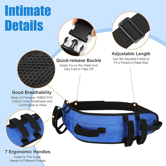 Rhino Valley Gait Belt 2 Pack with 7 Handles - Anti-Slip Transfer Belt for Seniors & Elderly Care, Adjustable Patient Lift Safety Belt for Home & Hospital Use, Blue & Black