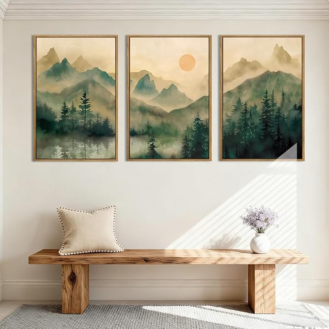 IARTTOP Large Forest Green Wall Art Framed 24x36 Inch Foggy Mountain Landscape Canvas Art Prints Nature Landscape Wall Decor for Living Room Bedroom Office Set of 3