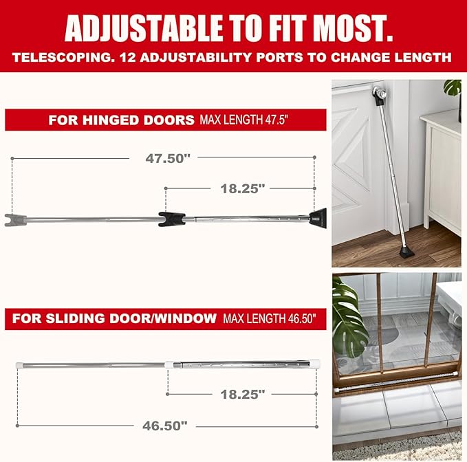 Door Stoppers Security Bar, SECURITYMAN 3 in 1 Adjustable Door Security Bar & Sliding Door Security Bar - Heavy Duty Door Lock Stick Jammer for Apartment, Dorm, Front Door Inside Safety Must Haves