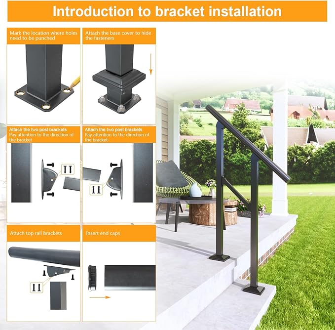 DIYHD 2 Step Handrail for Outdoor,Powder Coated Iron Stair Railing,Black Hand Rails for Indoor, Porch,Deck,1 Pack