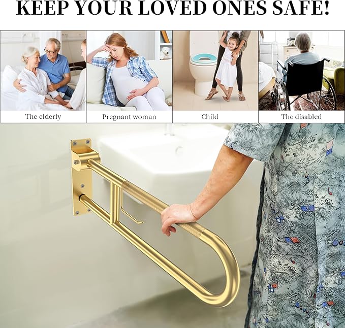 Toilet Grab Bar 30.3 Inch, YuanDe Flip Up Grab Bar with Paper Holder, Brushed Gold Anti-Slip Safety Bars for Toilet, Stainless Steel Knurled Toilet Handles for Seniors Disabled Elderly Pregnant
