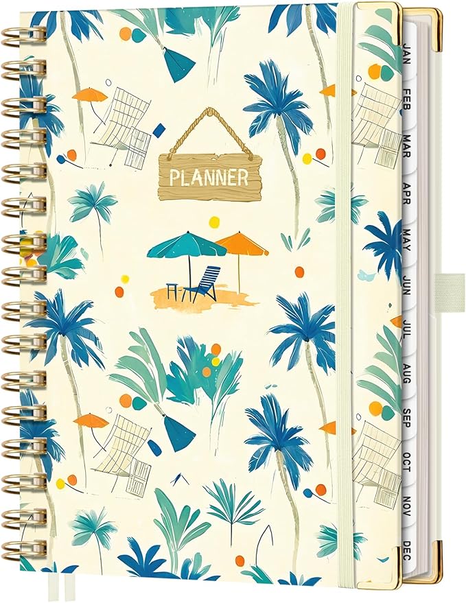 AHGXG 2026 Planner, Weekly and Monthly Planner for Women, Jan 2026 - Dec 2026, Medium Size (5.7" x 8.3"), Calendar 2026, Hardcover with Monthly Tabs, Spiral-Bound, 100 GSM Thick Paper, Blue-Beach
