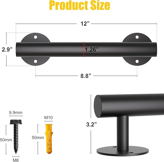 Heavy Duty Stair Railing, Wrought Iron Hand Rails for Indoor Stairs, Handrails for Bathroom, Basement, Porch Steps, Barrier-Free Staircase Grab Bar for Seniors, 12"
