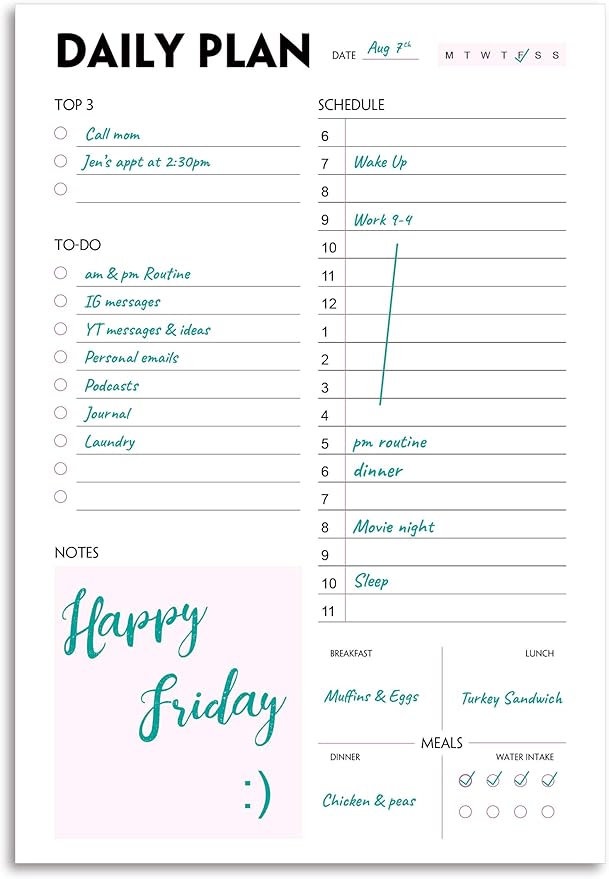 Daily Planner Notepad - A5 Calendar, Scheduler, Organizer with Priority, To Do List, Appointments, Notes, Meals and Water Intake Tracker, 50 Undated Tear-Off Sheets Planning Pad, 5.8"x8.25"